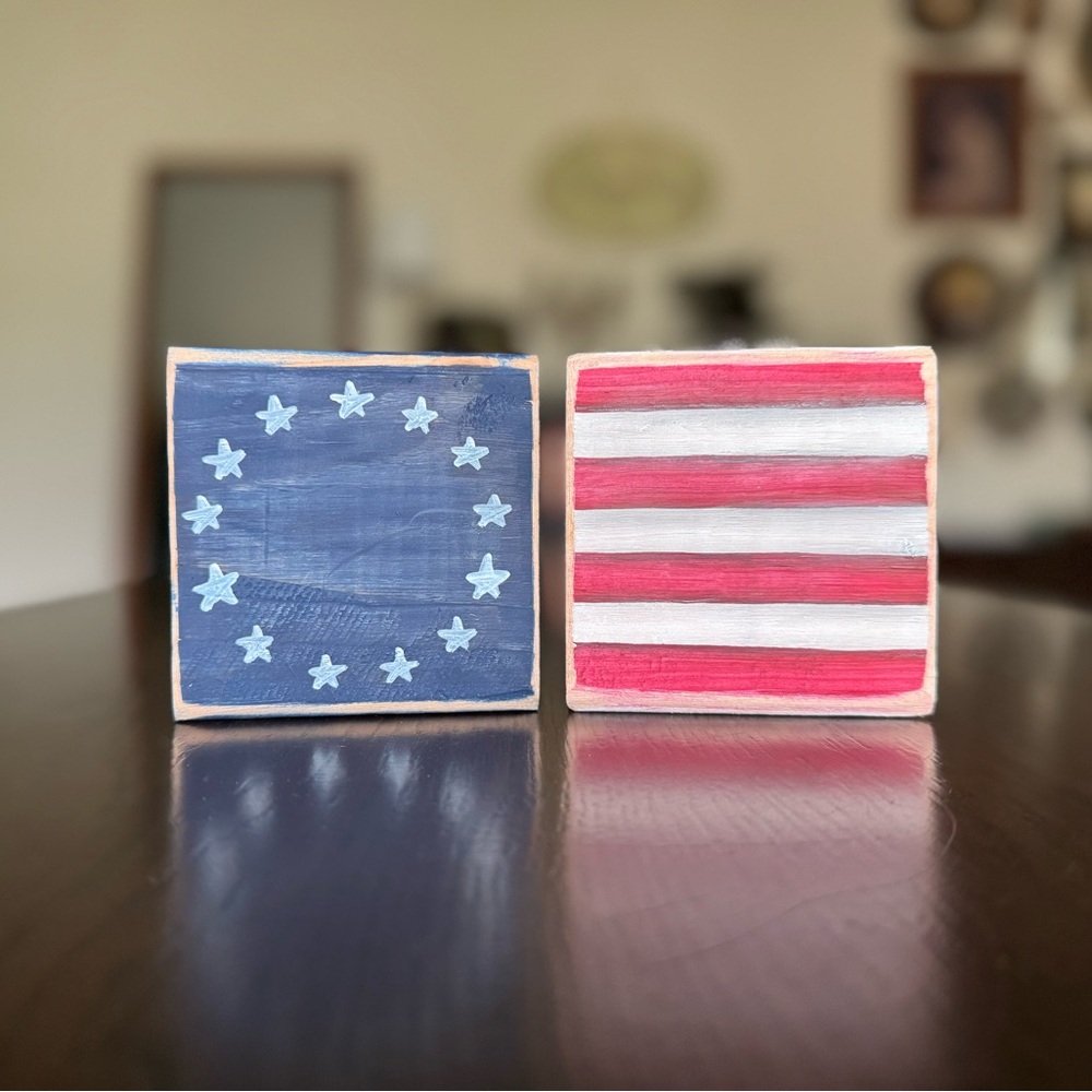 Set of two Patriotic Wooden Block Decor, American flag shelf sitters
